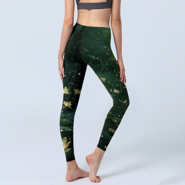 Buddha Stones Leggings da palestra con stampa di foglie di fiori di loto da sogno, pantaloni da yoga da donna - image 4