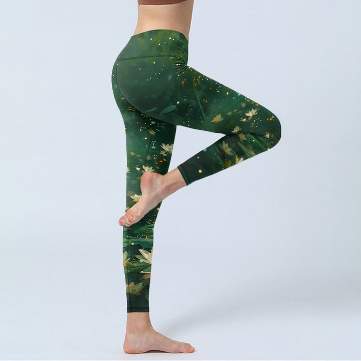 Buddha Stones Leggings da palestra con stampa di foglie di fiori di loto da sogno, pantaloni da yoga da donna - image 3