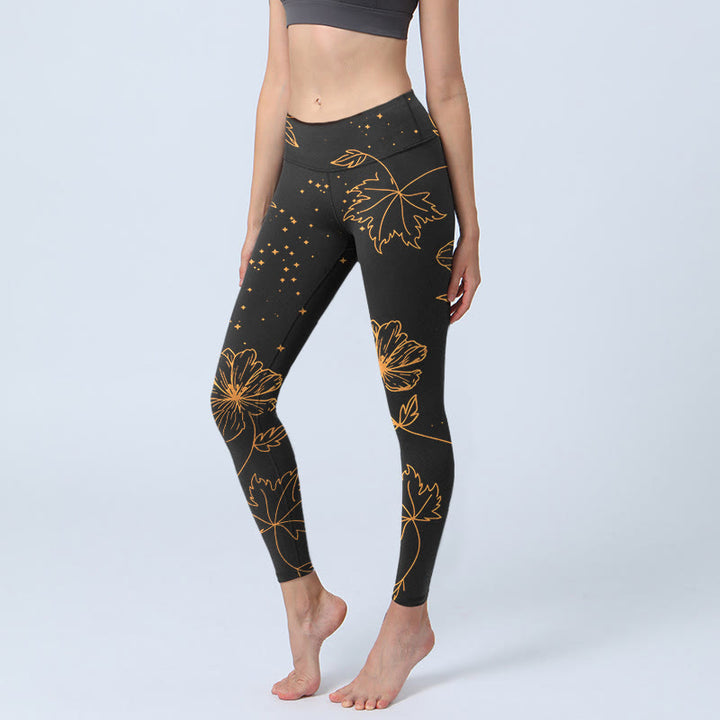 Buddha Stones Leggings da palestra con stampa di fiori, foglie e stelle in stile minimalista, pantaloni da yoga da donna - Nero - US18, UK/AU22, EU50 (4XL) - image 0