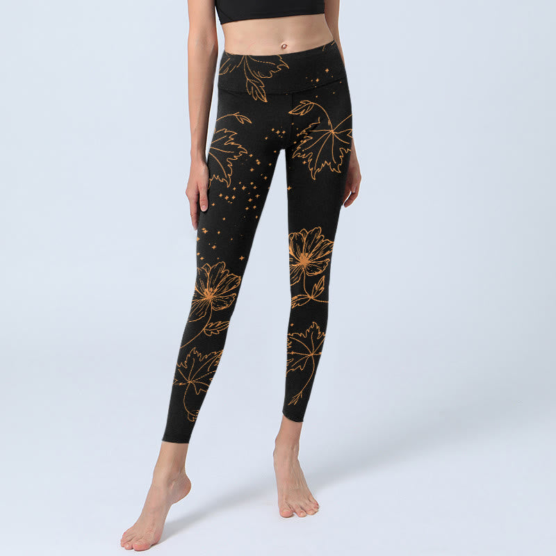 Buddha Stones Leggings da palestra con stampa di fiori, foglie e stelle in stile minimalista, pantaloni da yoga da donna - image 5