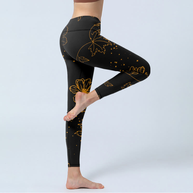 Buddha Stones Leggings da palestra con stampa di fiori, foglie e stelle in stile minimalista, pantaloni da yoga da donna - image 3