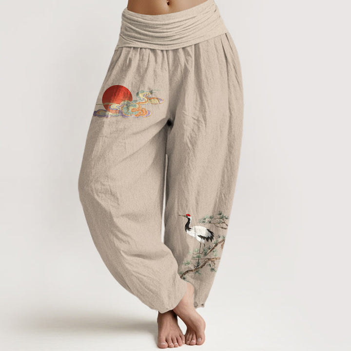 Buddha Stones Pantaloni harem da donna in puro cotone con elastico in vita, motivo sole, nuvola, gru e pino - Abbronzatura - US16, UK/AU20, EU48 (3XL) - image 0