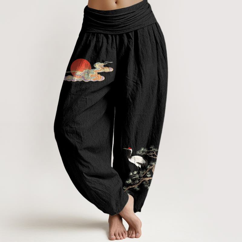Buddha Stones Pantaloni harem da donna in puro cotone con elastico in vita, motivo sole, nuvola, gru e pino - Nero - US16, UK/AU20, EU48 (3XL) - image 5