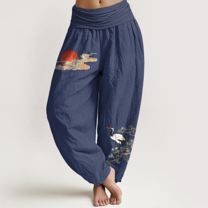 Buddha Stones Pantaloni harem da donna in puro cotone con elastico in vita, motivo sole, nuvola, gru e pino - DarkSlateBlue - US16, UK/AU20, EU48 (3XL) - image 8