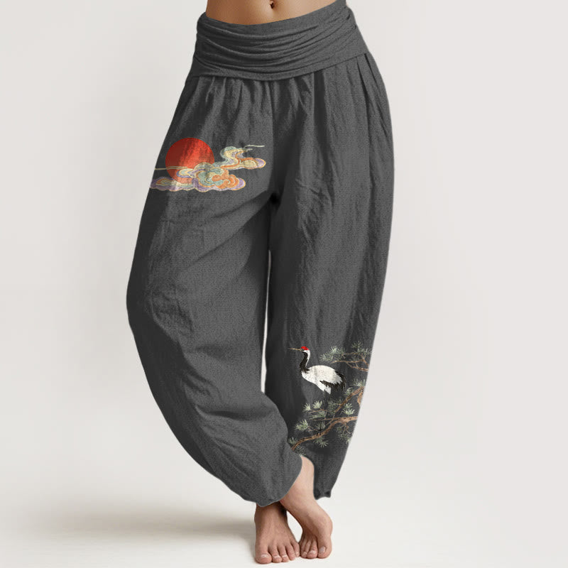Buddha Stones Pantaloni harem da donna in puro cotone con elastico in vita, motivo sole, nuvola, gru e pino - Grigio scuro - US16, UK/AU20, EU48 (3XL) - image 11