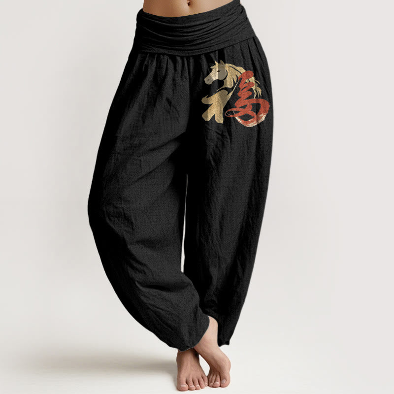 Buddha Stones Pantaloni harem da donna in puro cotone con elastico in vita e motivo del personaggio Fu dell'anno del cavallo - Nero - US16, UK/AU20, EU48 (3XL) - image 0