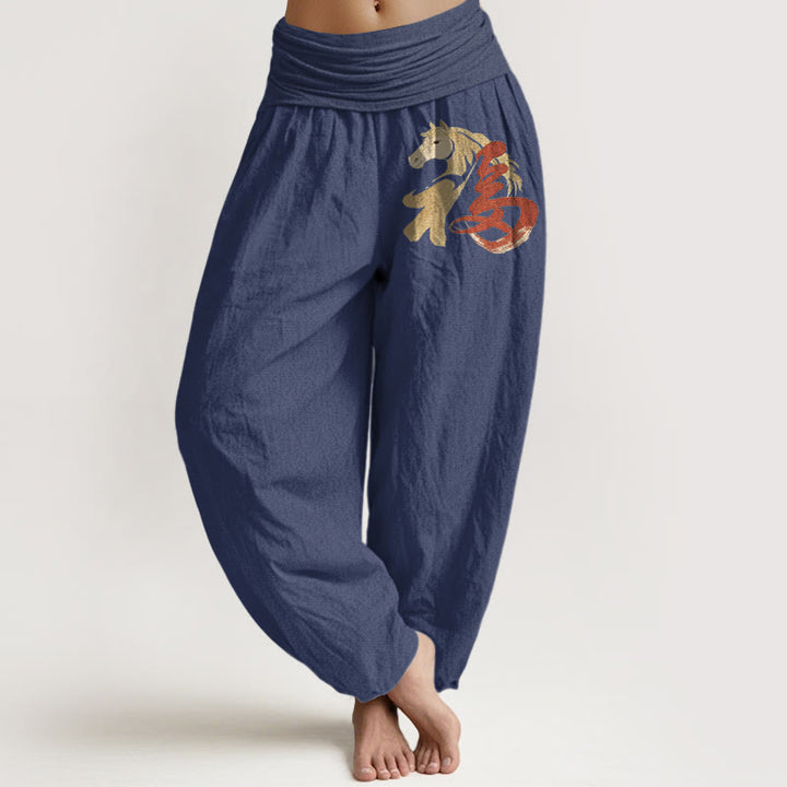 Buddha Stones Pantaloni harem da donna in puro cotone con elastico in vita e motivo del personaggio Fu dell'anno del cavallo - Blu ardesia scuro - US16, UK/AU20, EU48 (3XL) - image 5