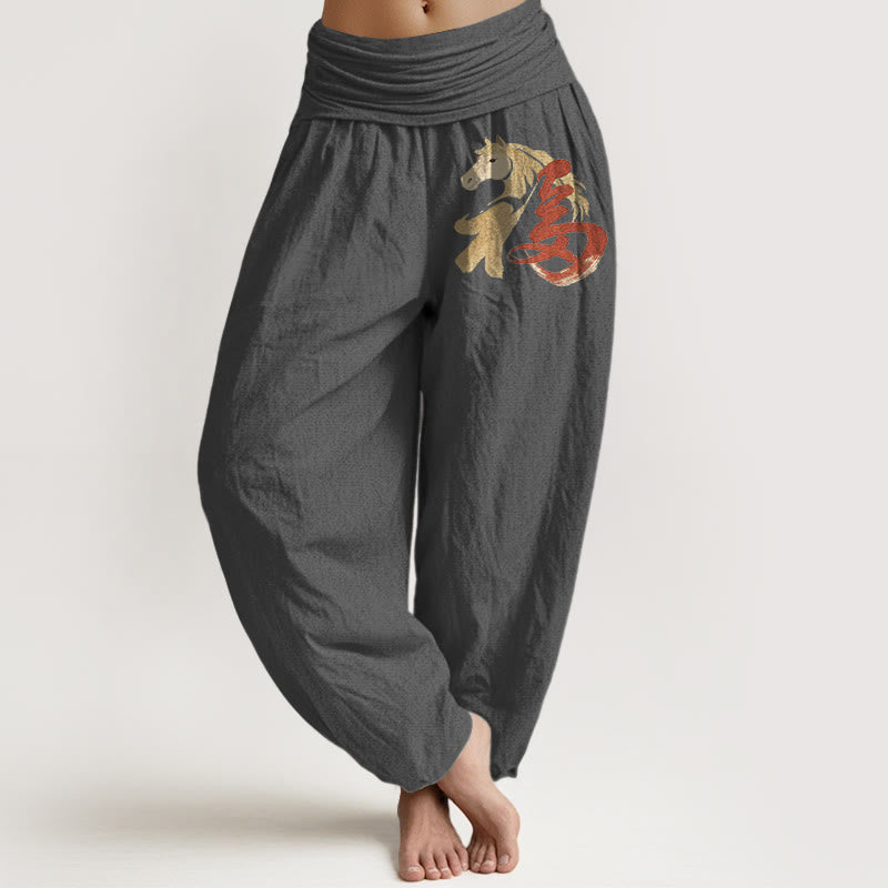 Buddha Stones Pantaloni harem da donna in puro cotone con elastico in vita e motivo del personaggio Fu dell'anno del cavallo - Grigio tenue - US16, UK/AU20, EU48 (3XL) - image 8