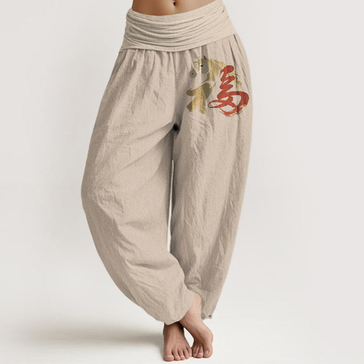 Buddha Stones Pantaloni harem da donna in puro cotone con elastico in vita e motivo del personaggio Fu dell'anno del cavallo - Abbronzatura - US16, UK/AU20, EU48 (3XL) - image 11