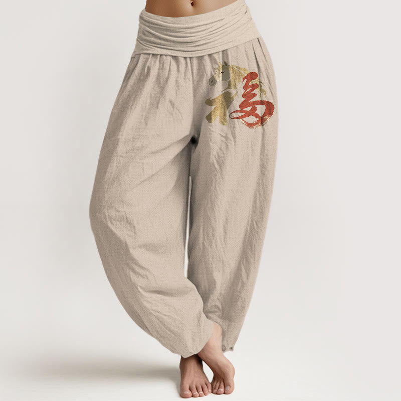 Buddha Stones Pantaloni harem da donna in puro cotone con elastico in vita e motivo del personaggio Fu dell'anno del cavallo - Tan - US16, UK/AU20, EU48 (3XL) - image 11