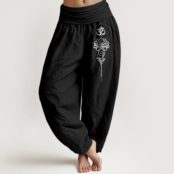 Buddha Stones Pantaloni harem da donna in puro cotone con elastico in vita, stile minimalista, simbolo Om e motivo a loto - Nero - US16, UK/AU20, EU48 (3XL) - image 0