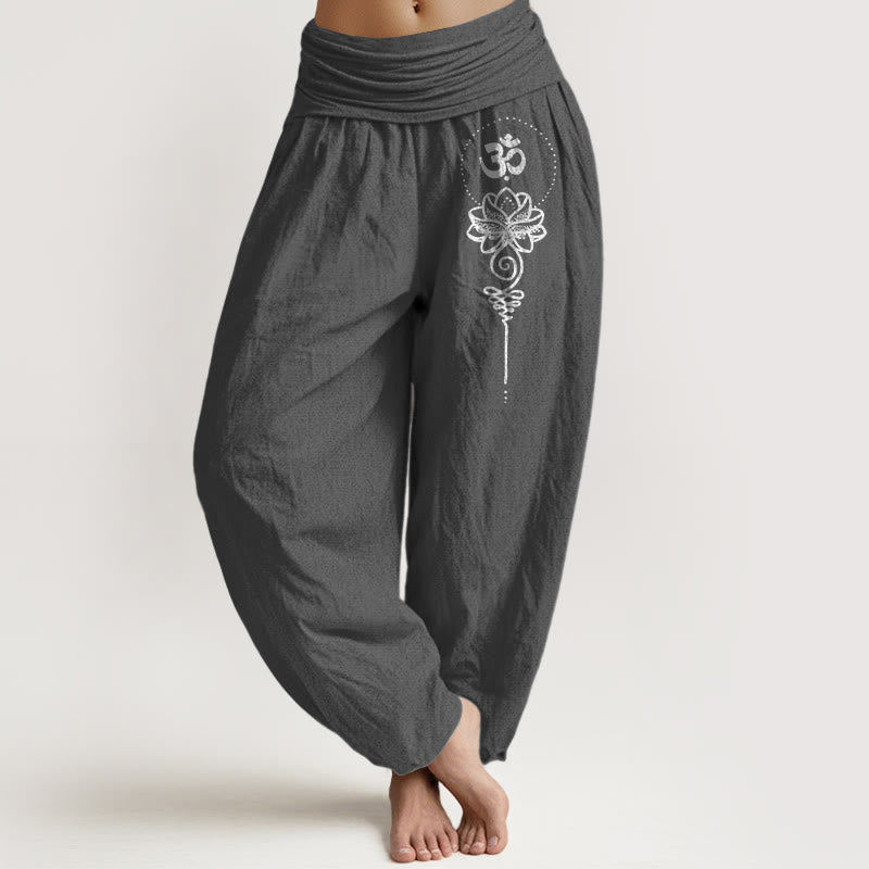 Buddha Stones Pantaloni harem da donna in puro cotone con elastico in vita, stile minimalista, simbolo Om e motivo a loto - Grigio scuro - US16, UK/AU20, EU48 (3XL) - image 8