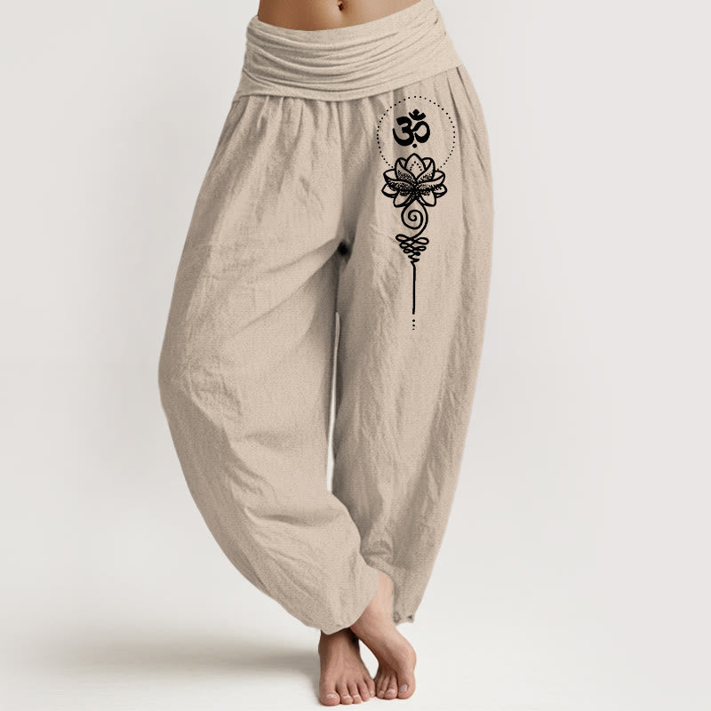 Buddha Stones Pantaloni harem da donna in puro cotone con elastico in vita, stile minimalista, simbolo Om e motivo a loto - Tan - US16, UK/AU20, EU48 (3XL) - image 11