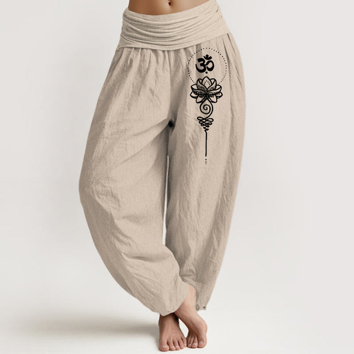 Buddha Stones Pantaloni harem da donna in puro cotone con elastico in vita, stile minimalista, simbolo Om e motivo a loto - Tan - US16, UK/AU20, EU48 (3XL) - image 11