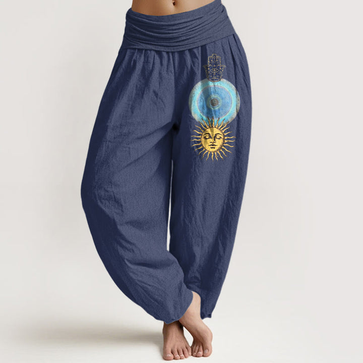 Buddha Stones Pantaloni harem da donna in puro cotone con elastico in vita, stile minimalista, motivo mano di Hamsa e sole - DarkSlateBlue - US16, UK/AU20, EU48 (3XL) - image 5