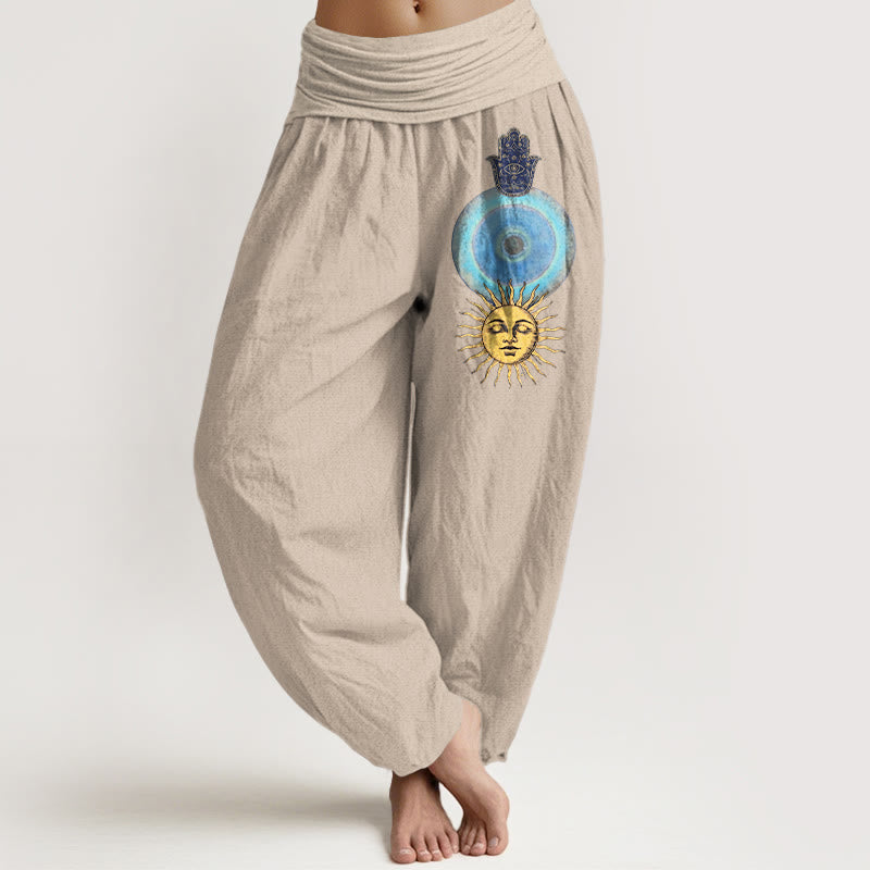 Buddha Stones Pantaloni harem da donna in puro cotone con elastico in vita, stile minimalista, motivo mano di Hamsa e sole - Abbronzatura - US16, UK/AU20, EU48 (3XL) - image 11