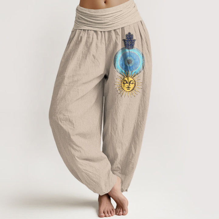 Buddha Stones Pantaloni harem da donna in puro cotone con elastico in vita, stile minimalista, motivo mano di Hamsa e sole - Abbronzatura - US16, UK/AU20, EU48 (3XL) - image 11