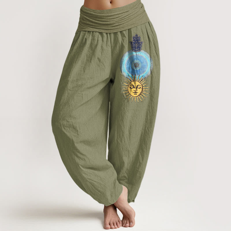 Buddha Stones Pantaloni harem da donna in puro cotone con elastico in vita, stile minimalista, motivo mano di Hamsa e sole - Verde oliva - US16, UK/AU20, EU48 (3XL) - image 14