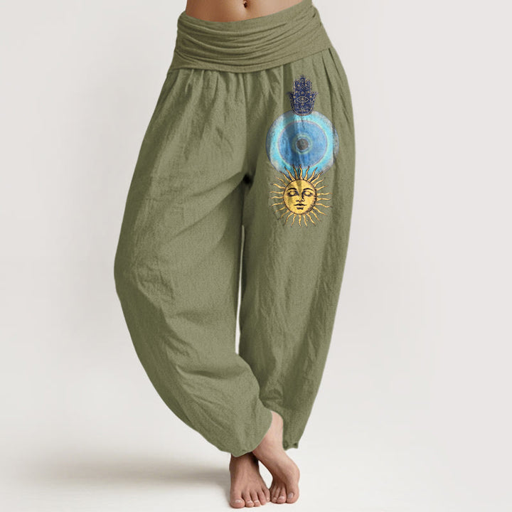 Buddha Stones Pantaloni harem da donna in puro cotone con elastico in vita, stile minimalista, motivo mano di Hamsa e sole - Verde oliva - US16, UK/AU20, EU48 (3XL) - image 14