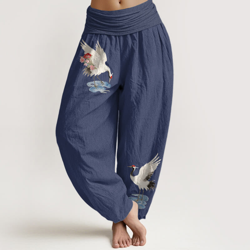 Buddha Stones Pantaloni harem da donna in puro cotone con elastico in vita e motivo a gru, fiori e nuvole - DarkSlateBlue - US16, UK/AU20, EU48 (3XL) - image 0
