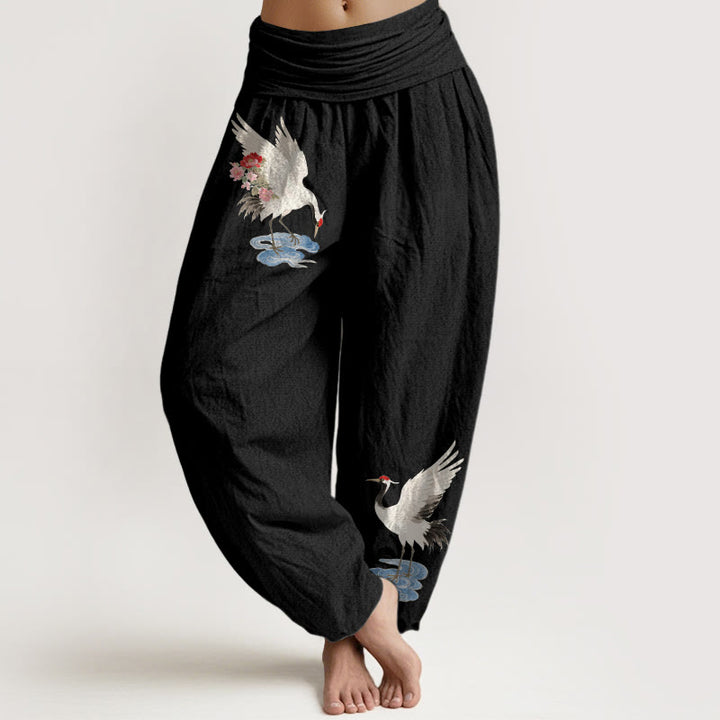 Buddha Stones Pantaloni harem da donna in puro cotone con elastico in vita e motivo a gru, fiori e nuvole - Nero - US16, UK/AU20, EU48 (3XL) - image 5