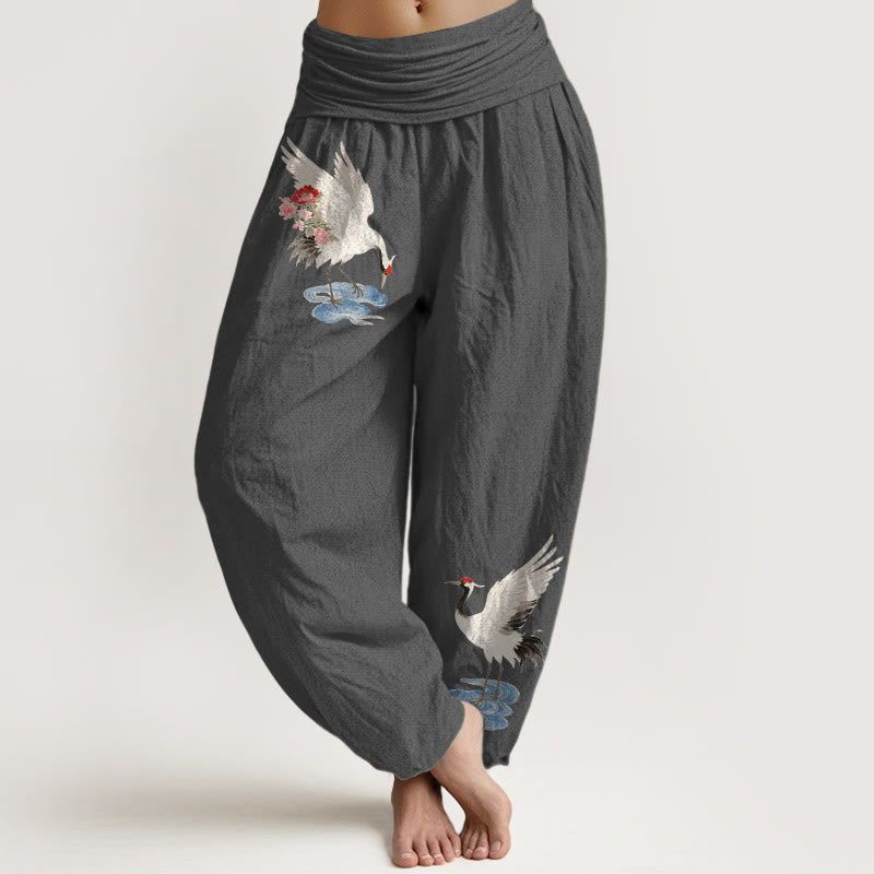 Buddha Stones Pantaloni harem da donna in puro cotone con elastico in vita e motivo a gru, fiori e nuvole - Grigio scuro - US16, UK/AU20, EU48 (3XL) - image 8