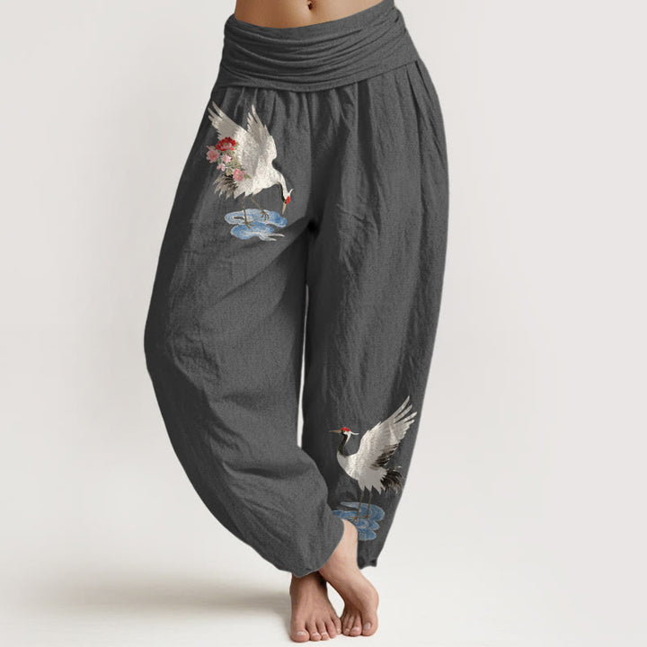 Buddha Stones Pantaloni harem da donna in puro cotone con elastico in vita e motivo a gru, fiori e nuvole - Grigio scuro - US16, UK/AU20, EU48 (3XL) - image 8
