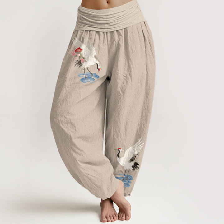 Buddha Stones Pantaloni harem da donna in puro cotone con elastico in vita e motivo a gru, fiori e nuvole - Abbronzatura - US16, UK/AU20, EU48 (3XL) - image 11