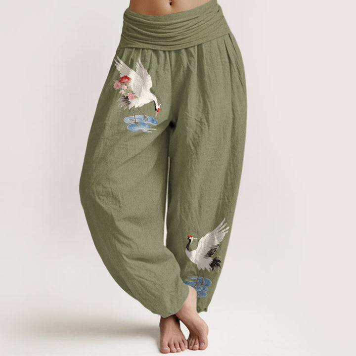 Buddha Stones Pantaloni harem da donna in puro cotone con elastico in vita e motivo a gru, fiori e nuvole - Verde oliva - US16, UK/AU20, EU48 (3XL) - image 14