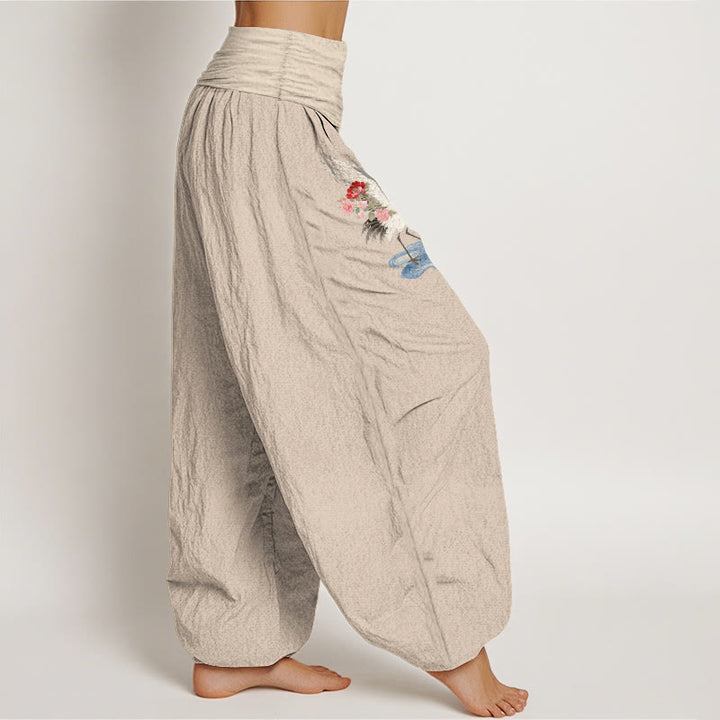 Buddha Stones Pantaloni harem da donna in puro cotone con elastico in vita e motivo a gru, fiori e nuvole - image 13