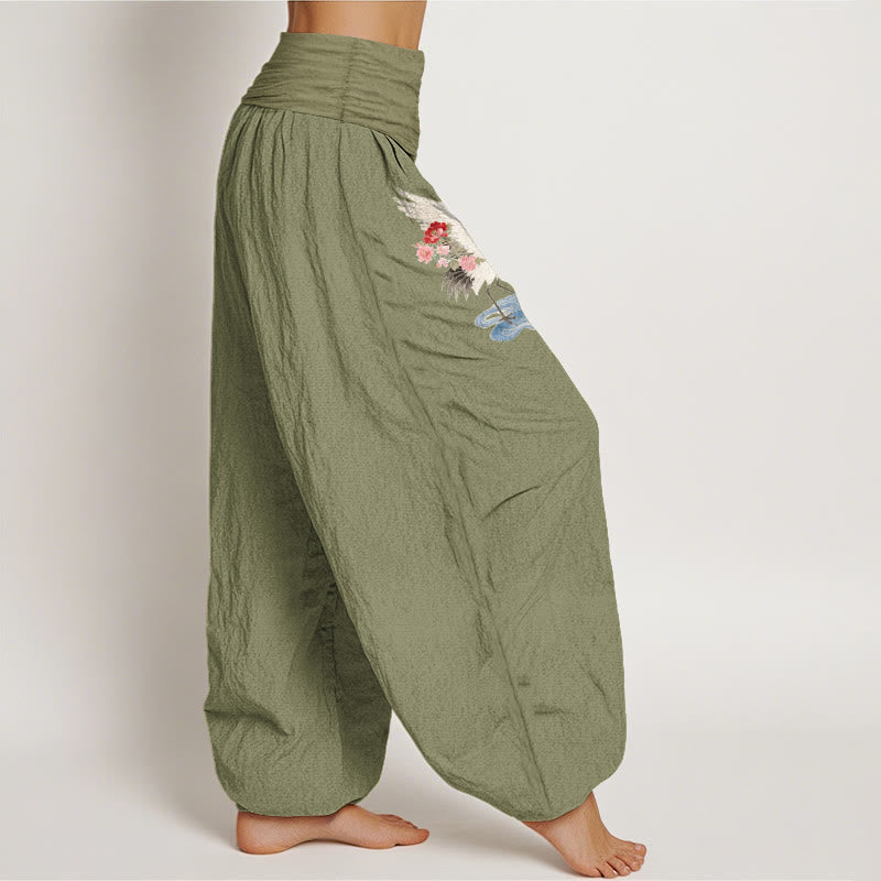 Buddha Stones Pantaloni harem da donna in puro cotone con elastico in vita e motivo a gru, fiori e nuvole - image 16