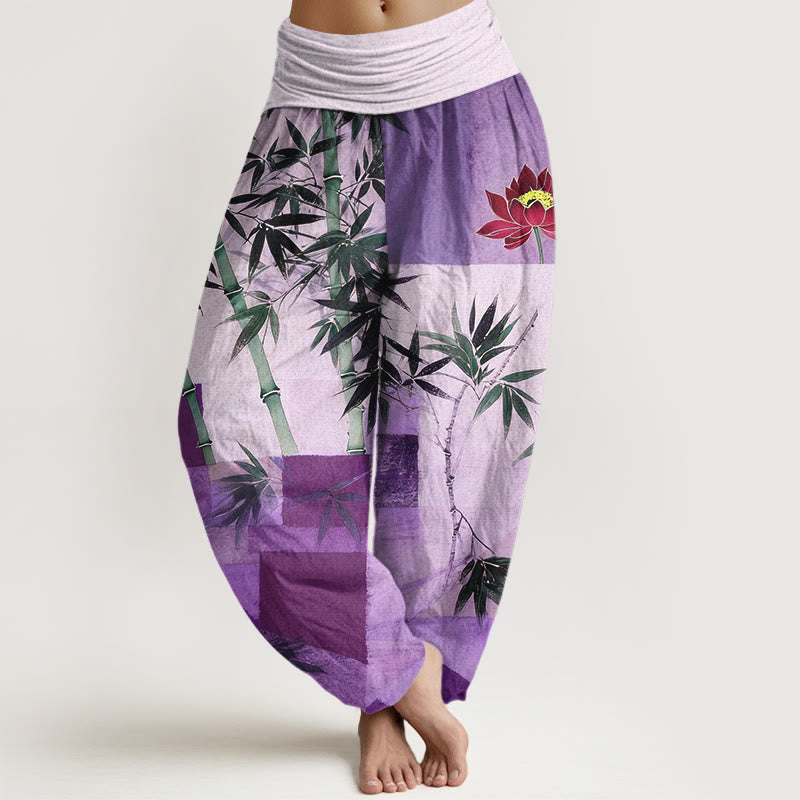 Buddha Stones Pantaloni harem da donna con elastico in vita, in cotone, con motivo geometrico di loto e bambù colorato - Viola medio - US16, UK/AU20, EU48 (3XL) - image 5