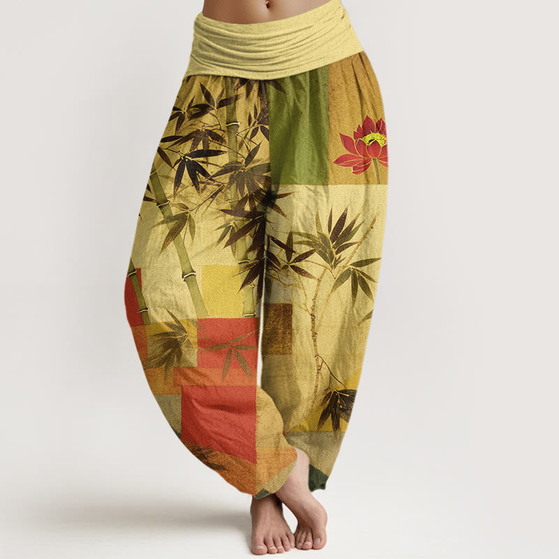 Buddha Stones Pantaloni harem da donna con elastico in vita, in cotone, con motivo geometrico di loto e bambù colorato - Cachi - US16, UK/AU20, EU48 (3XL) - image 8