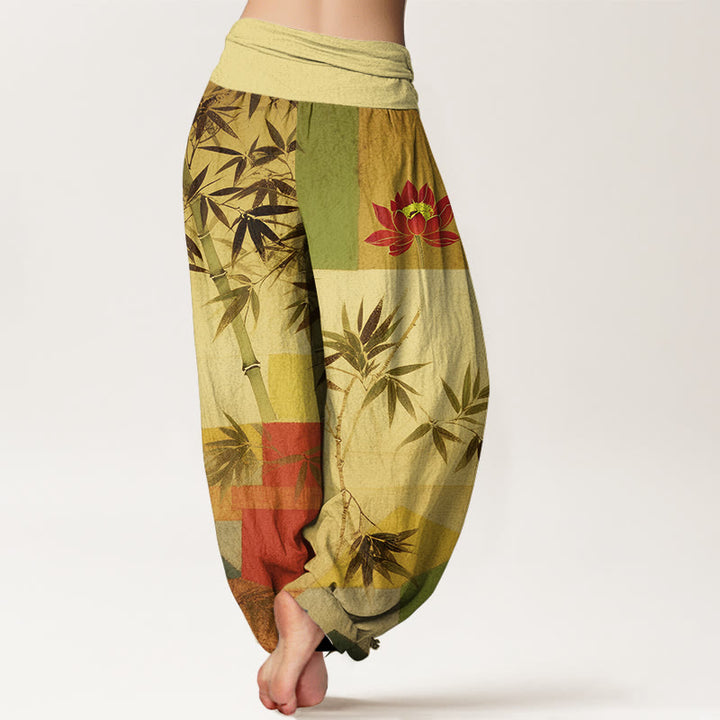 Buddha Stones Pantaloni harem da donna con elastico in vita, in cotone, con motivo geometrico di loto e bambù colorato - image 9