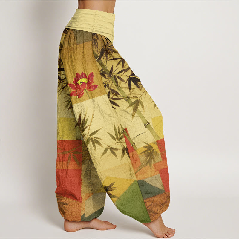 Buddha Stones Pantaloni harem da donna con elastico in vita, in cotone, con motivo geometrico di loto e bambù colorato - image 10