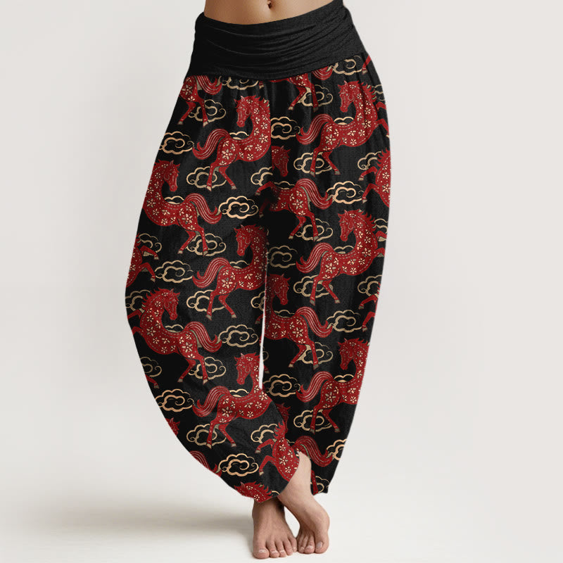 Buddha Stones Pantaloni harem da donna in cotone con elastico in vita e motivo a nuvole e cavalli - Nero - US16, UK/AU20, EU48 (3XL) - image 0