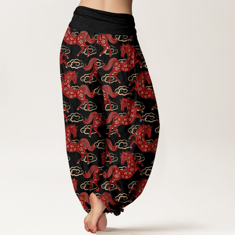 Buddha Stones Pantaloni harem da donna in cotone con elastico in vita e motivo a nuvole e cavalli - image 1