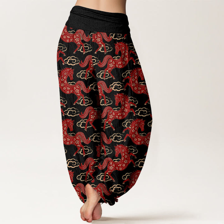 Buddha Stones Pantaloni harem da donna in cotone con elastico in vita e motivo a nuvole e cavalli - image 1