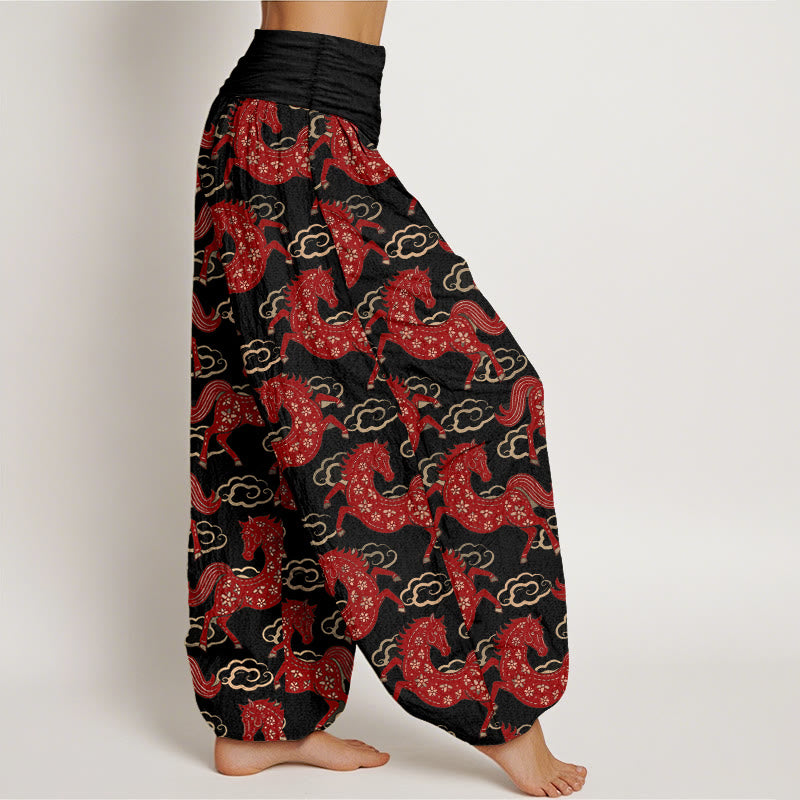 Buddha Stones Pantaloni harem da donna in cotone con elastico in vita e motivo a nuvole e cavalli - image 2