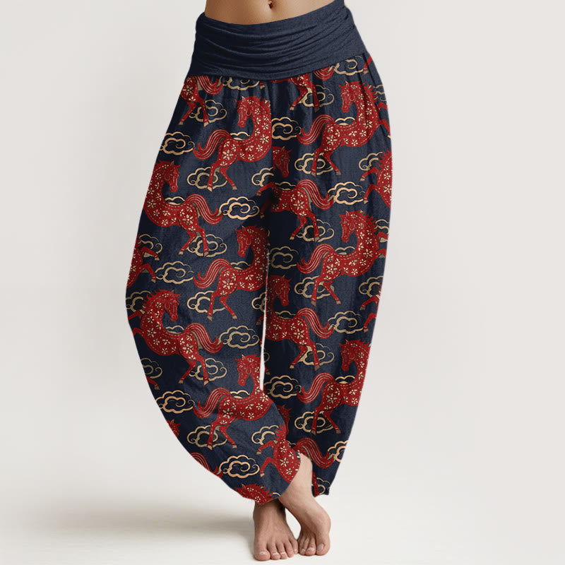 Buddha Stones Pantaloni harem da donna in cotone con elastico in vita e motivo a nuvole e cavalli - Blu notte - US16, UK/AU20, EU48 (3XL) - image 5