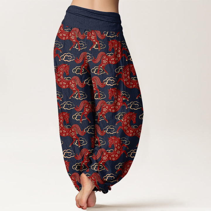 Buddha Stones Pantaloni harem da donna in cotone con elastico in vita e motivo a nuvole e cavalli - image 6