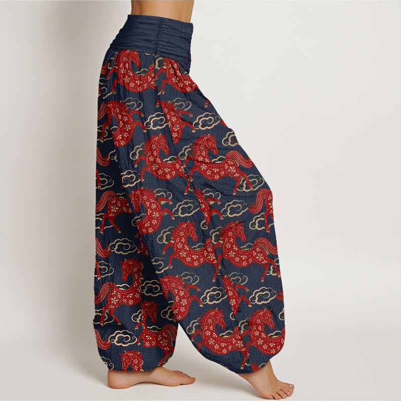 Buddha Stones Pantaloni harem da donna in cotone con elastico in vita e motivo a nuvole e cavalli - image 7