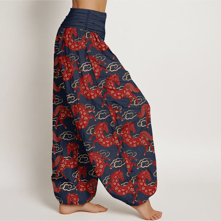 Buddha Stones Pantaloni harem da donna in cotone con elastico in vita e motivo a nuvole e cavalli - image 7