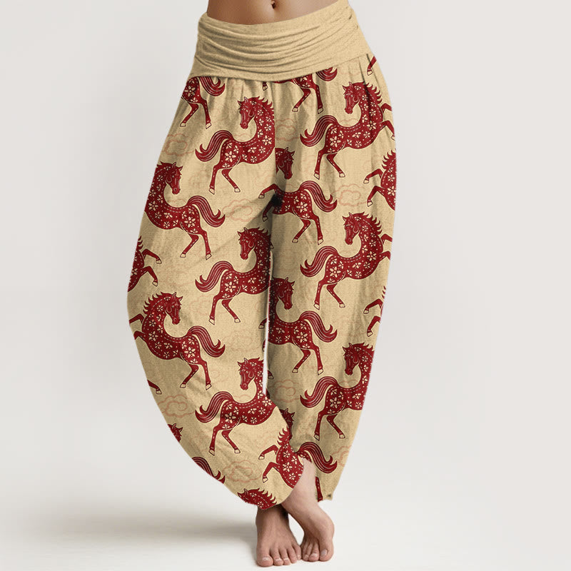 Buddha Stones Pantaloni harem da donna in cotone con elastico in vita e motivo a nuvole e cavalli - Cachi - US16, UK/AU20, EU48 (3XL) - image 8
