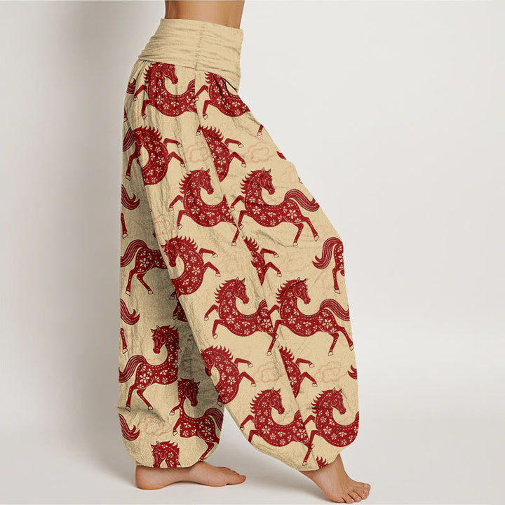 Buddha Stones Pantaloni harem da donna in cotone con elastico in vita e motivo a nuvole e cavalli - image 10