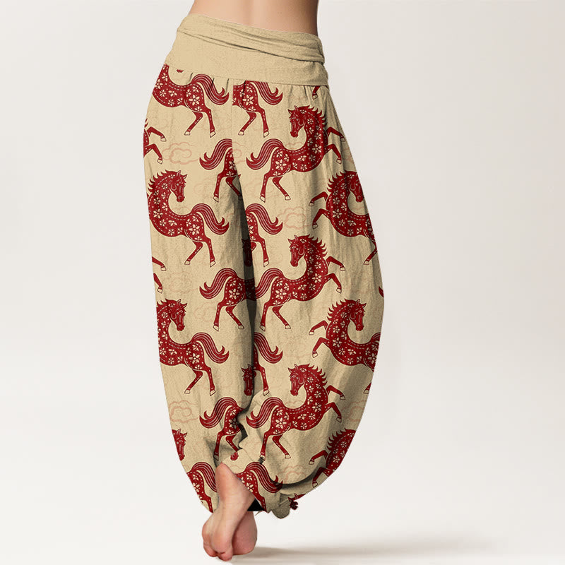 Buddha Stones Pantaloni harem da donna in cotone con elastico in vita e motivo a nuvole e cavalli - image 9