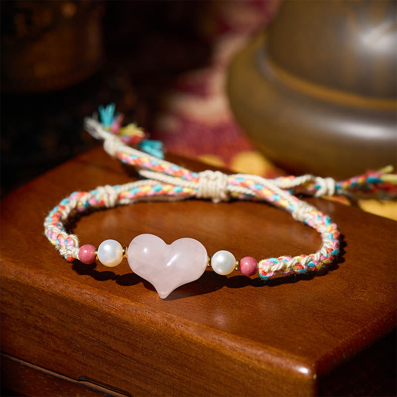 Braccialetto con corda intrecciata in cristallo rosa e design a cuore Buddha Stones e amore caldo - image 2