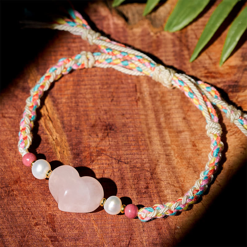 Braccialetto con corda intrecciata in cristallo rosa e design a cuore Buddha Stones e amore caldo - image 1