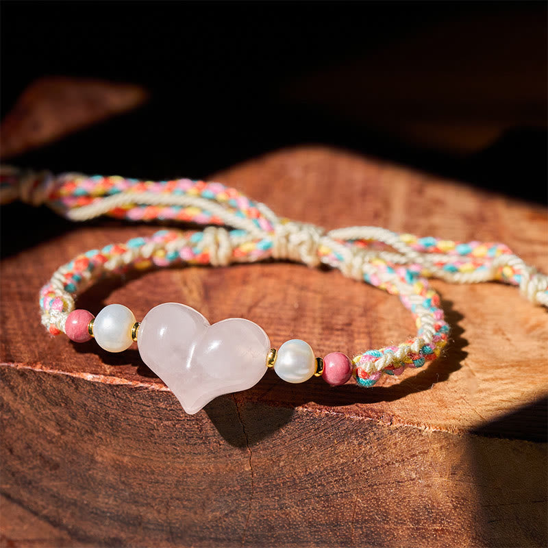 Braccialetto con corda intrecciata in cristallo rosa e design a cuore Buddha Stones e amore caldo - Cristallo rosa (Circonferenza del polso: 13-20 cm) - image 0