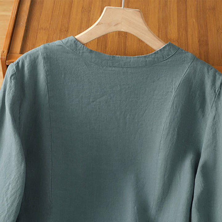 Buddha Stones Camicia da donna in cotone con bottoni, a maniche lunghe, modello patchwork semplice, stile pendolarismo autunnale - image 21